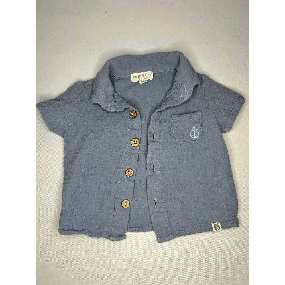 Rabbit Bear Organic Baby Shirt 18M Blue Muslin Button Up Short Sleeve Top